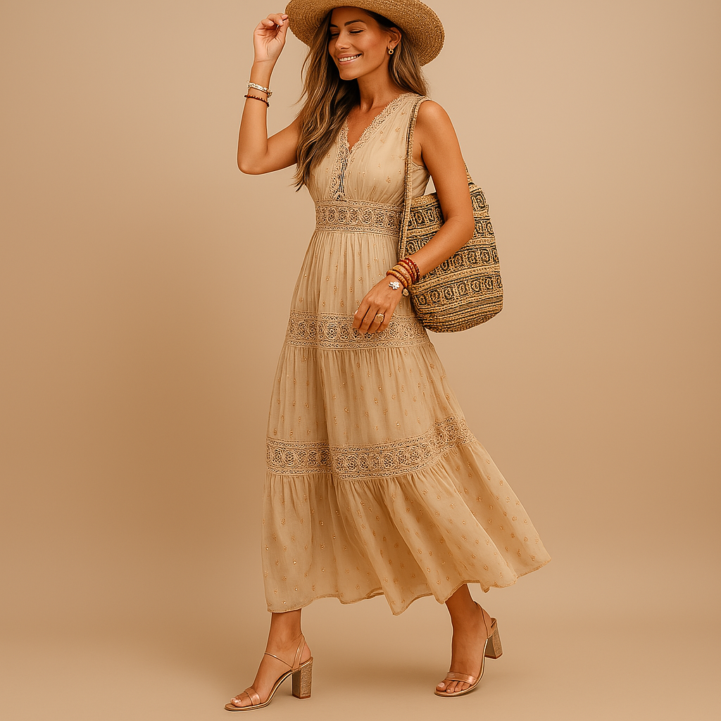 Calora – Chic Boho Midi Dress with Flattering Silhouette