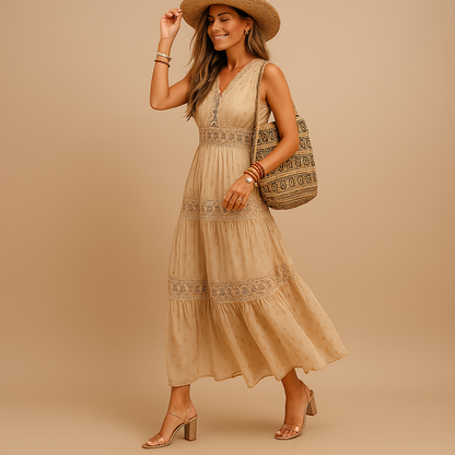 Calora – Chic Boho Midi Dress with Flattering Silhouette