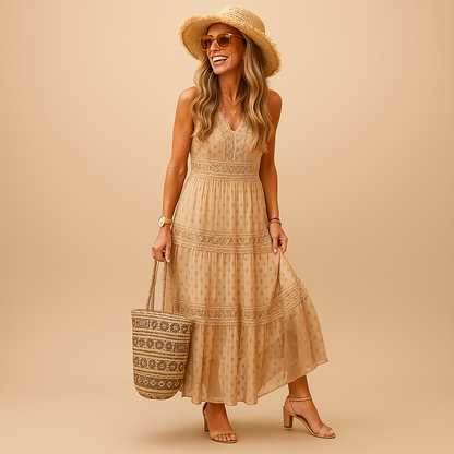 Calora – Chic Boho Midi Dress with Flattering Silhouette